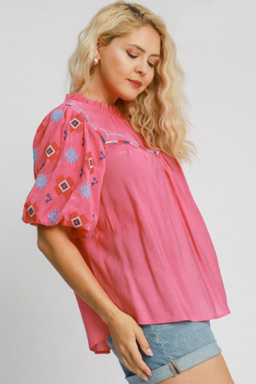 Umgee Full Size Embroidered Puff Sleeve Mock Neck Top Plus Size - felvior