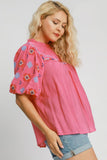 Umgee Full Size Embroidered Puff Sleeve Mock Neck Top Plus Size - felvior