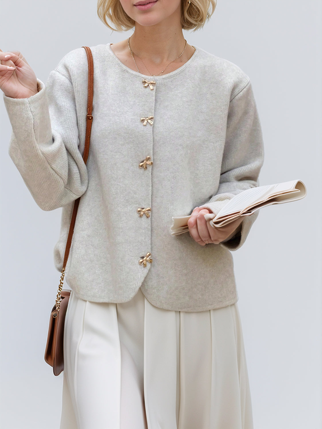 Bow Button Down Round Neck Long Sleeve Cardigan - felvior