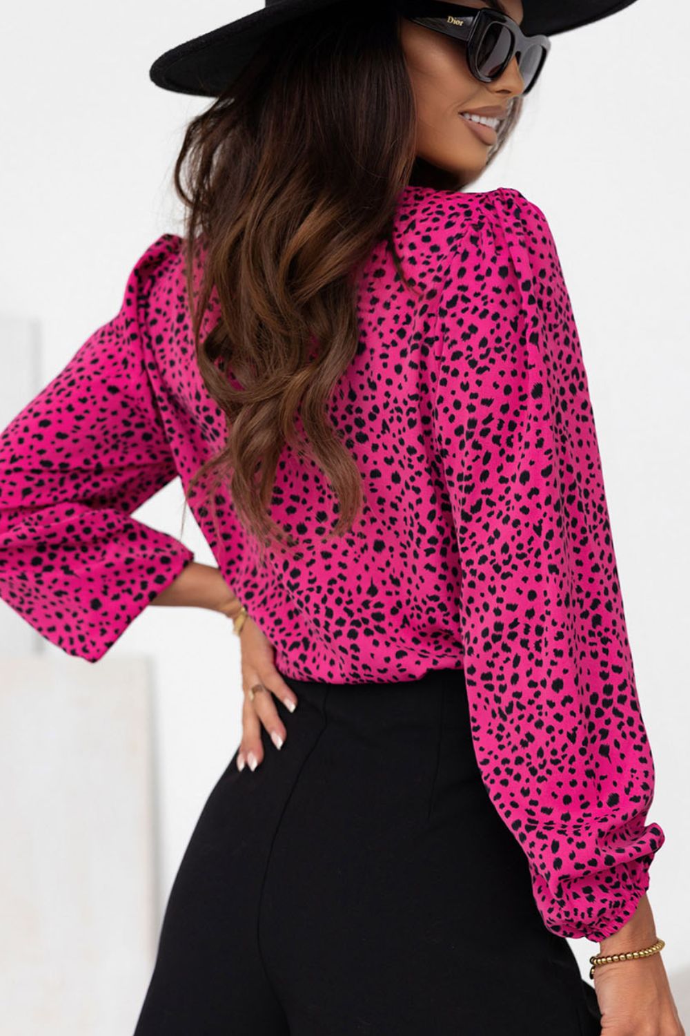 Leopard Round Neck Balloon Sleeve Blouse - felvior