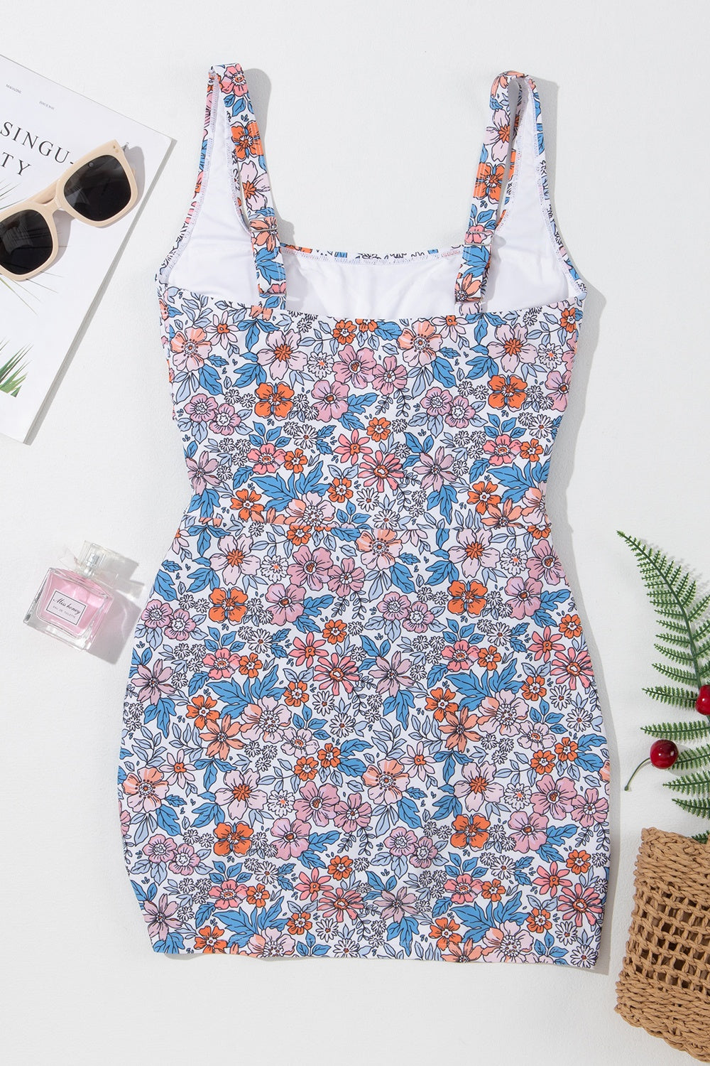 Drawstring Printed Wide Strap Swim Dress - felvior
