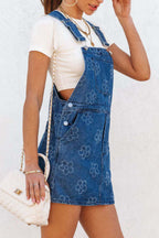 Flower Print Square Neck Denim Overall Dress