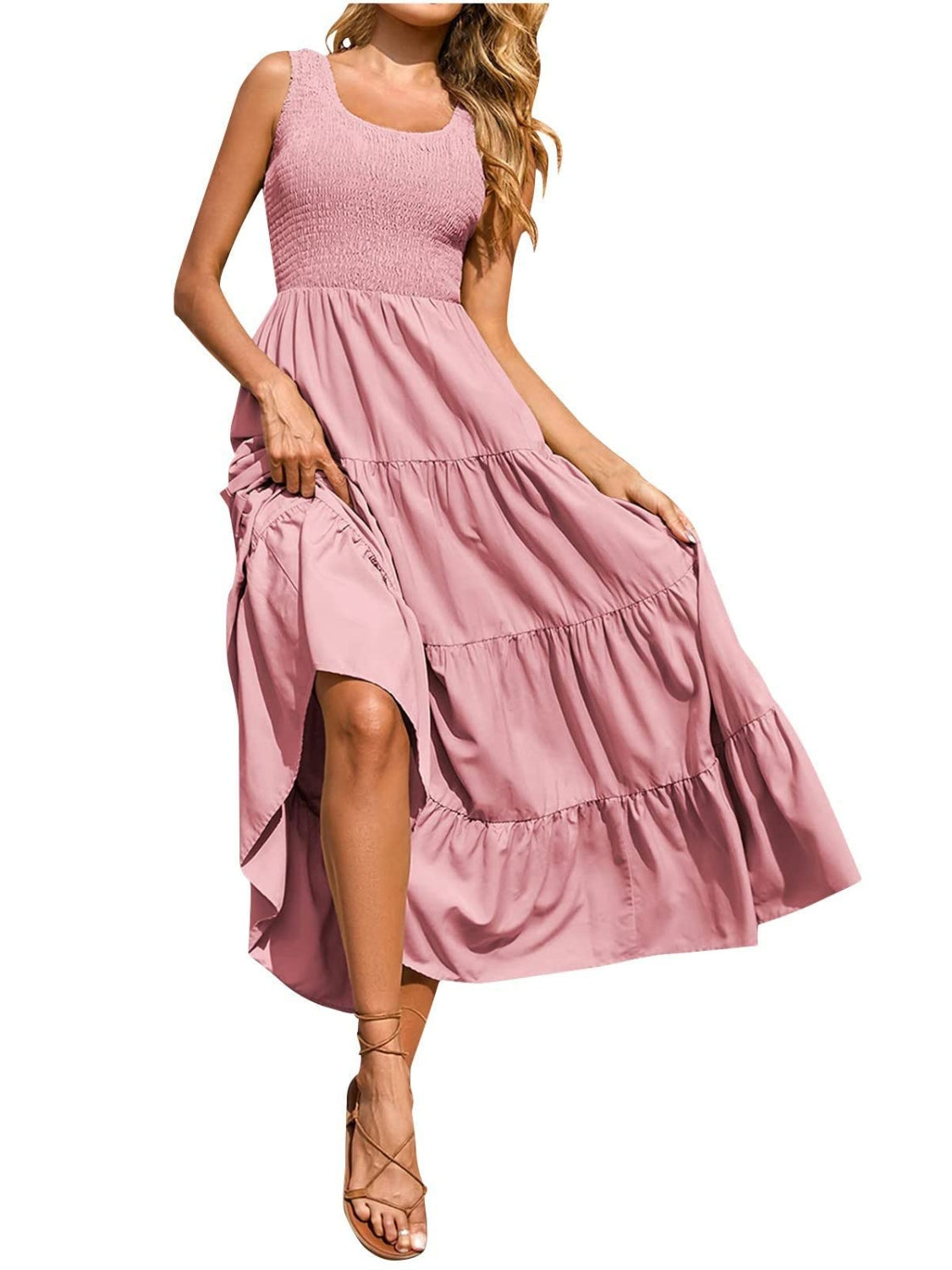 Tiered Smocked Wide Strap Dress - felvior