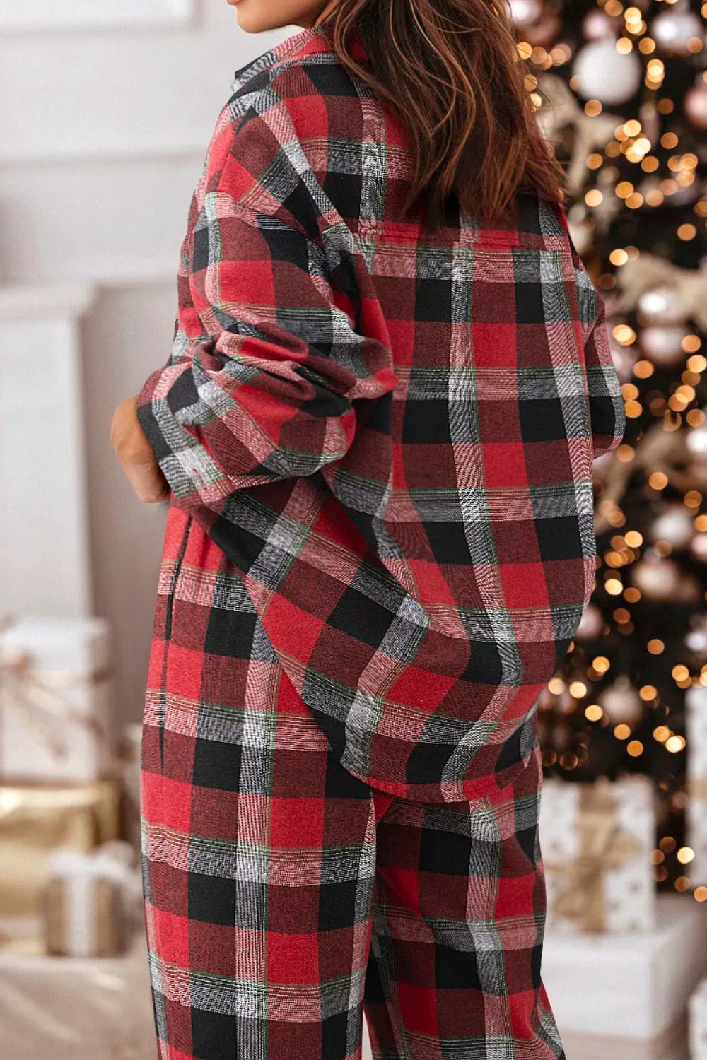 Plaid Long Sleeve Top and Pants Lounge Set - felvior