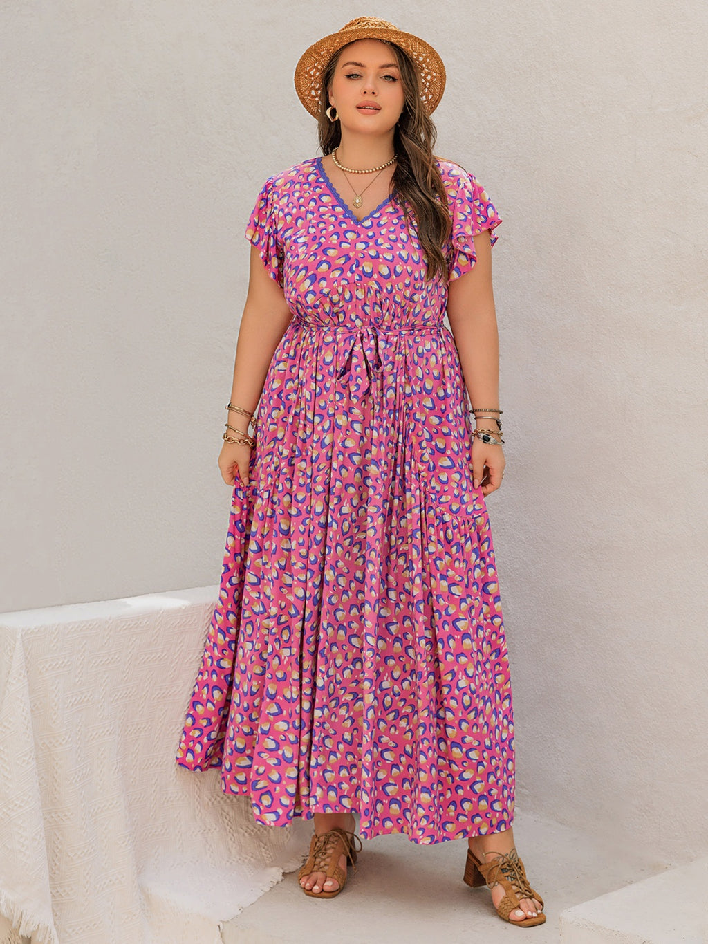Plus Size Printed V-Neck Flutter Sleeve Tie Waist Maxi Dress