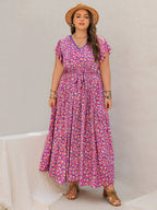 Plus Size Printed V-Neck Flutter Sleeve Tie Waist Maxi Dress