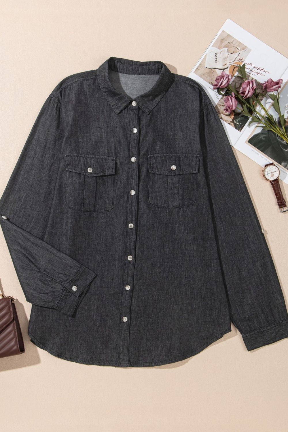 Pocketed Collared Neck Long Sleeve Denim Top - felvior