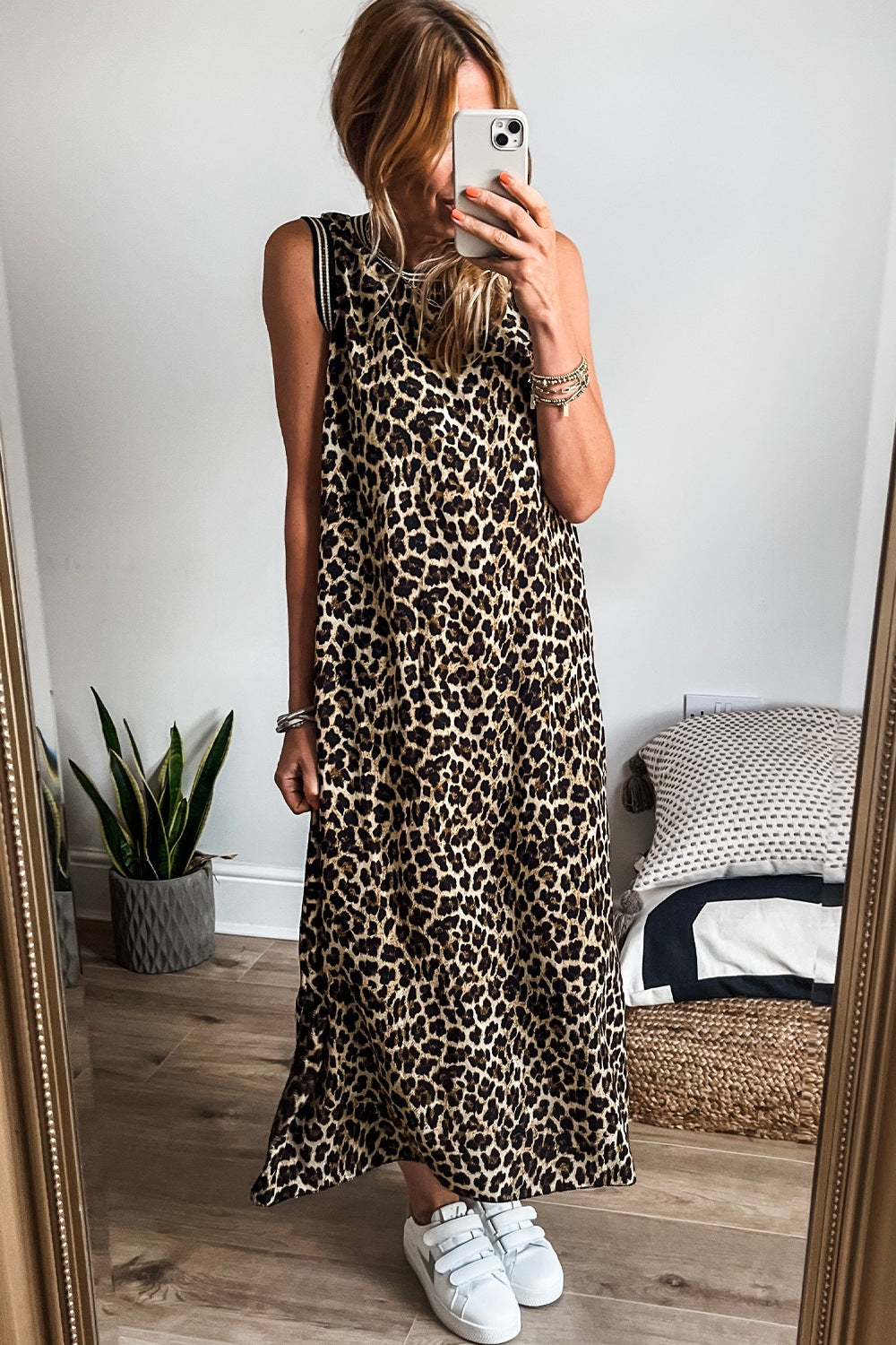 Side Slit Leopard Sleeveless Maxi Dress