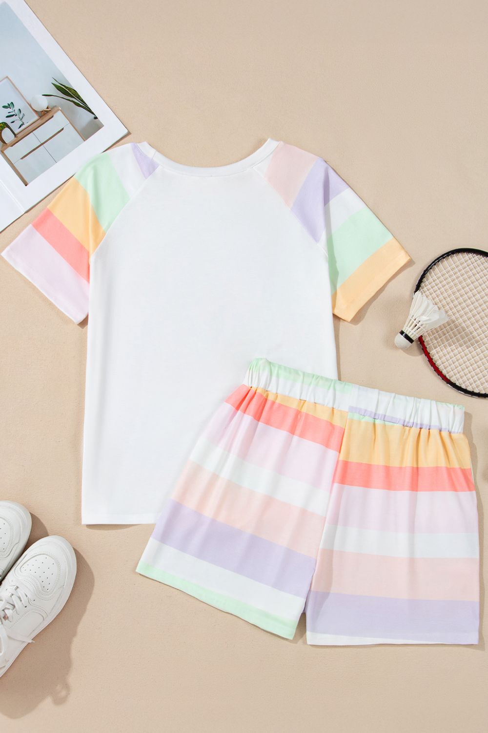 Rainbow Striped Round Neck T Shirt and Shorts Lounge Set