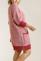 Umgee Full Size Ribbed Hem Round Neck 3/4 Sleeve Sweater Dress with Pockets Plus Size