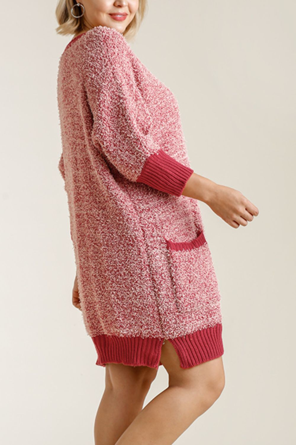 Umgee Full Size Ribbed Hem Round Neck 3/4 Sleeve Sweater Dress with Pockets Plus Size