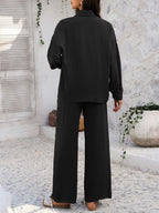 Devine Collared Neck Long Sleeve Top and Pants Set