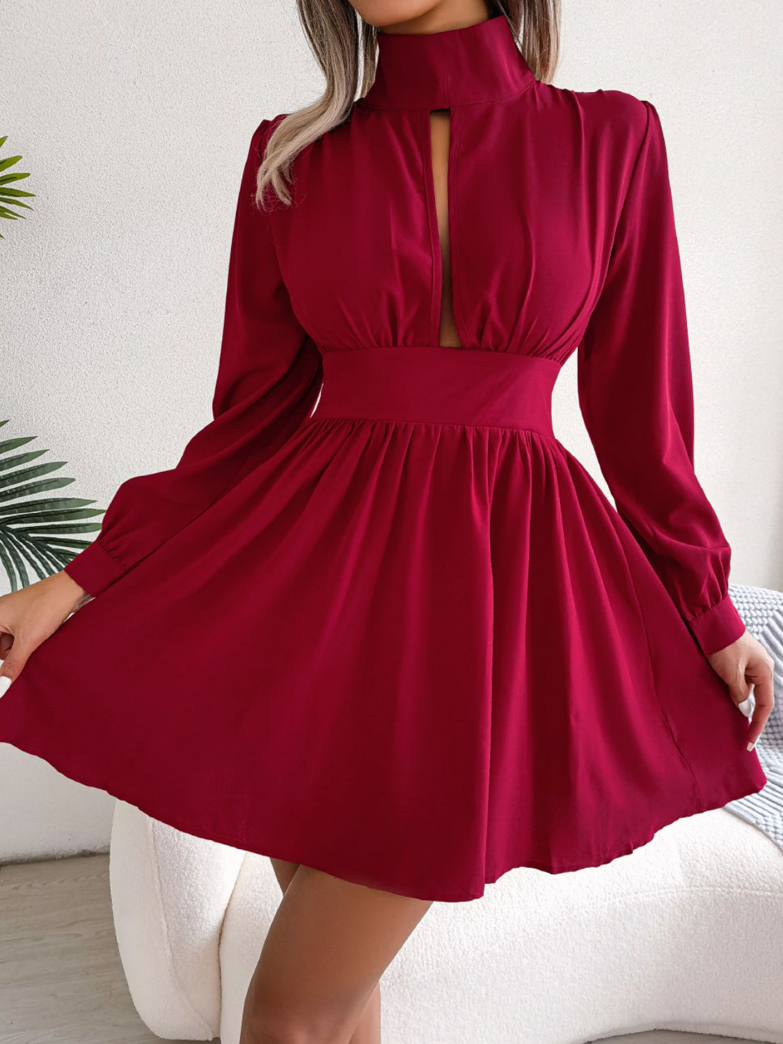 Cutout Turtleneck A-Line Mini Dress - felvior