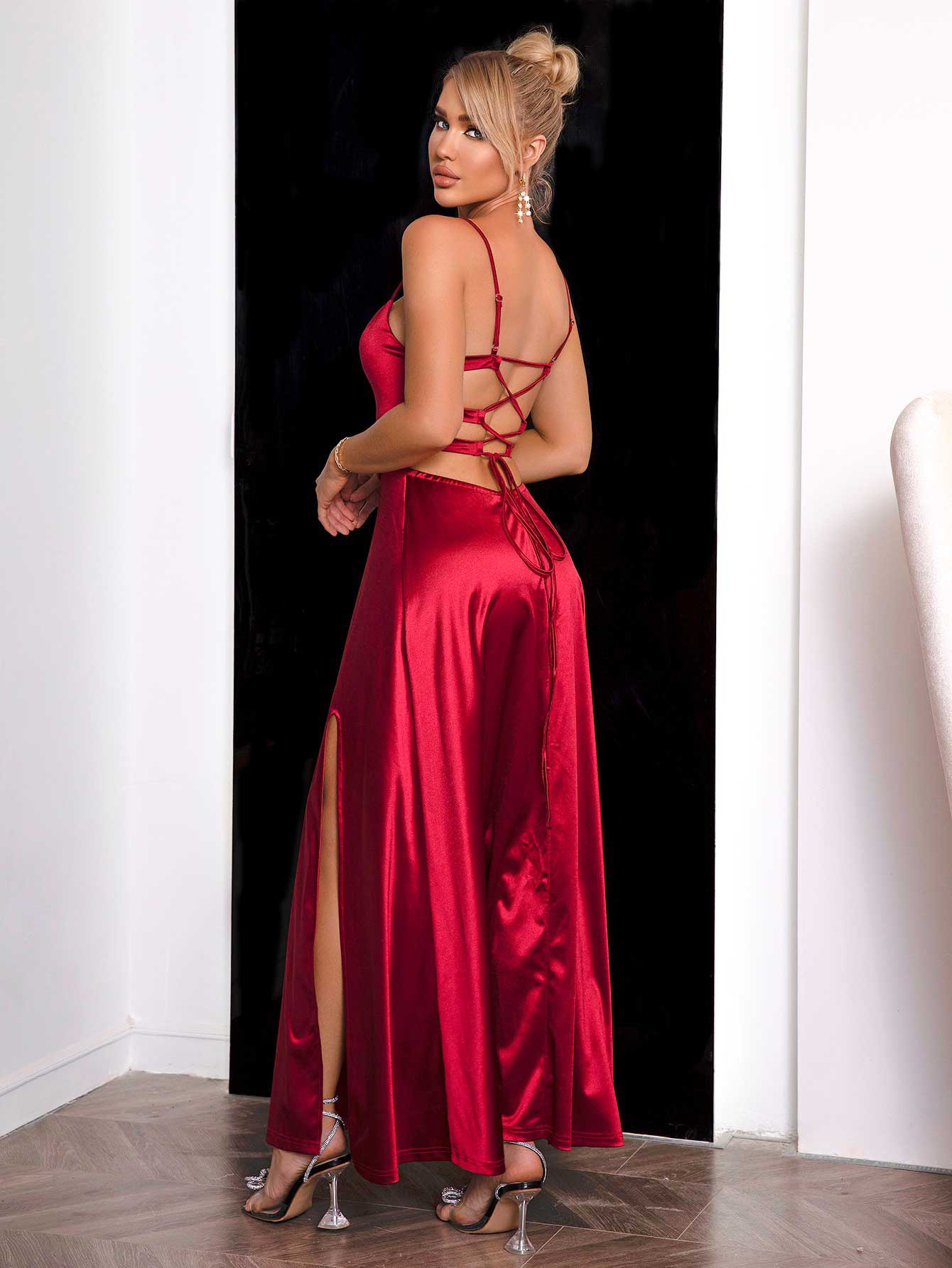Spaghetti Strap Lace-Up Back Split Dress - felvior