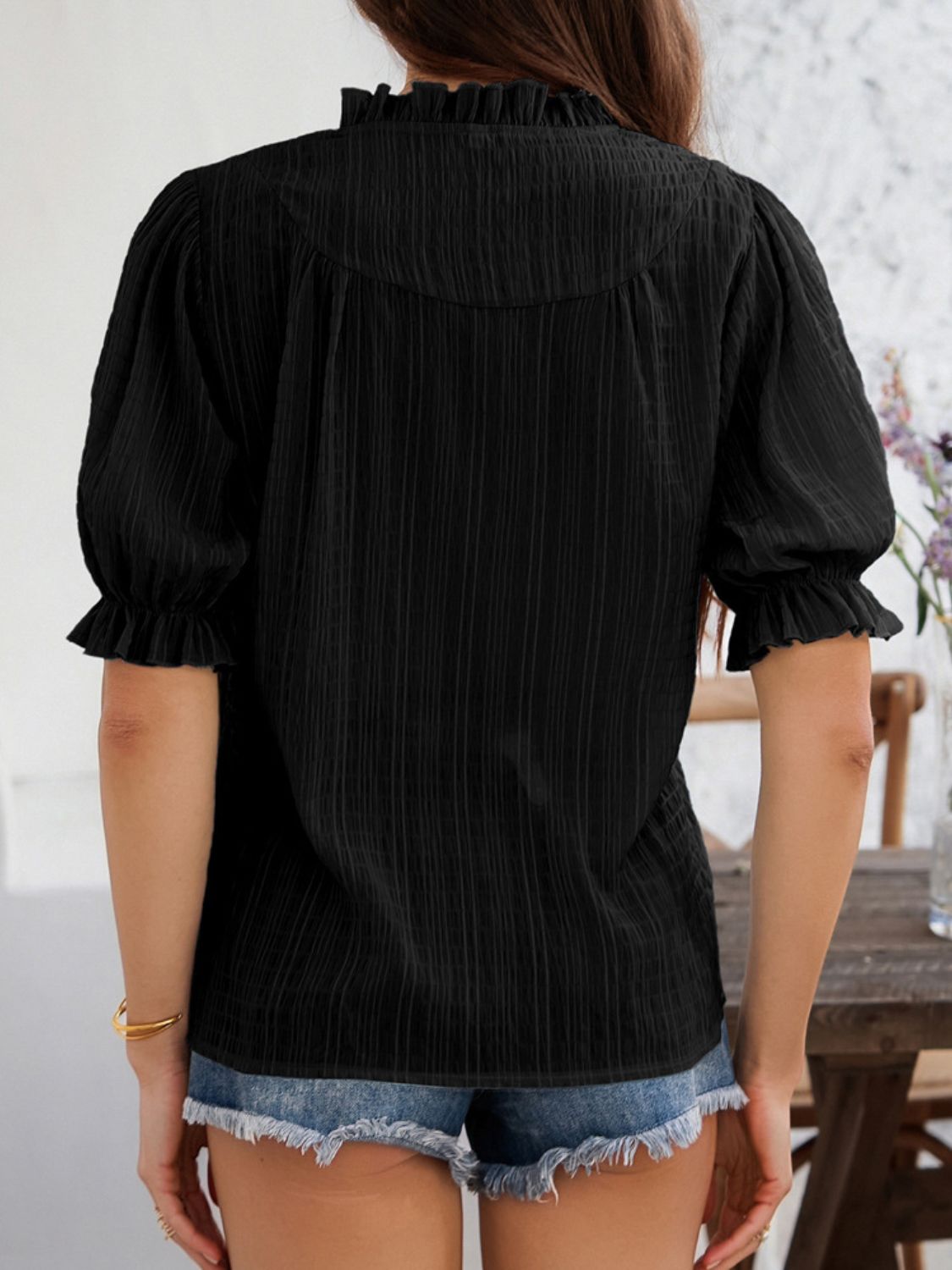 Devine Frill Notched Short Sleeve Blouse - felvior