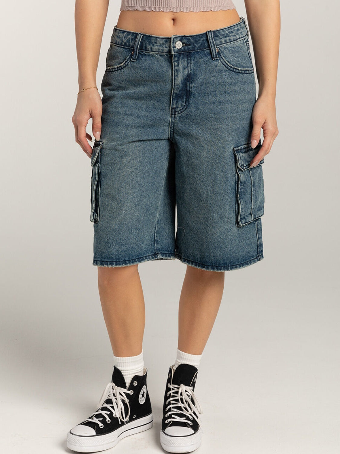 Mid-Rise Waist Denim Shorts with Pockets - felvior