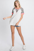 HeimishFull Size Leopard Round Neck Short Sleeve T-Shirt with Stitch Plus Size