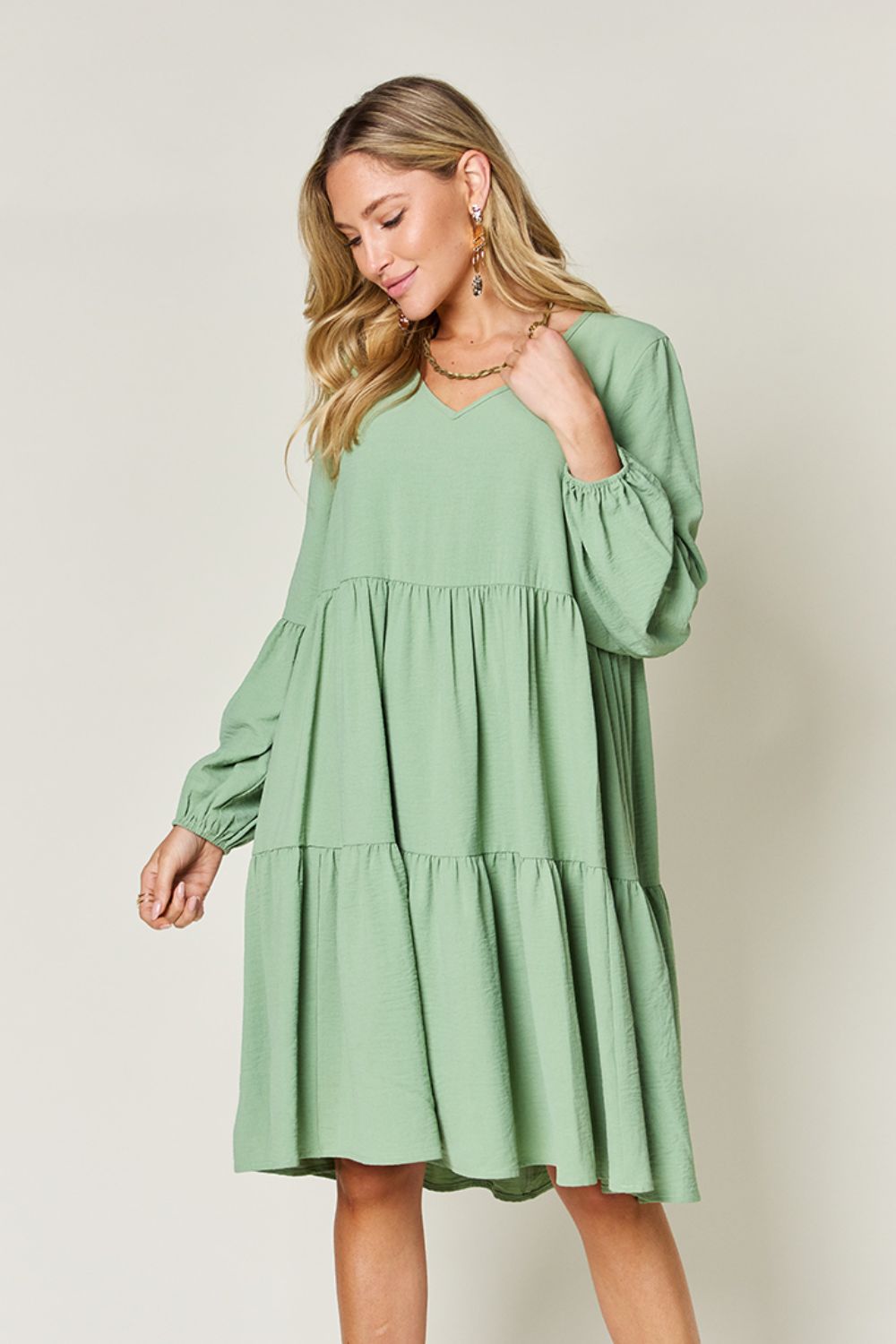Double Take Full Size V-Neck Balloon Sleeve Tiered Dress with Pockets - felvior