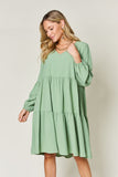 Double Take Full Size V-Neck Balloon Sleeve Tiered Dress with Pockets - felvior