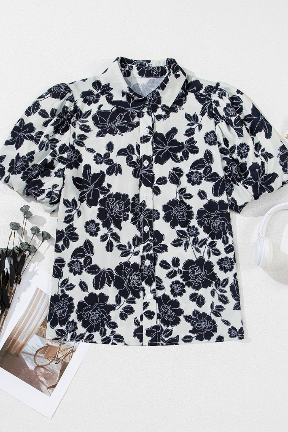Floral Button Down Puff Sleeve Shirt