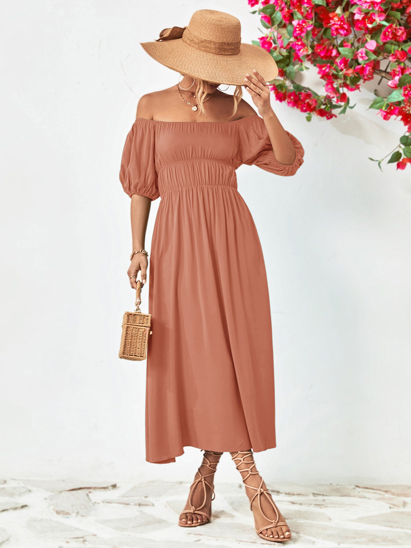 Off-Shoulder Balloon Sleeve Midi Dress - felvior