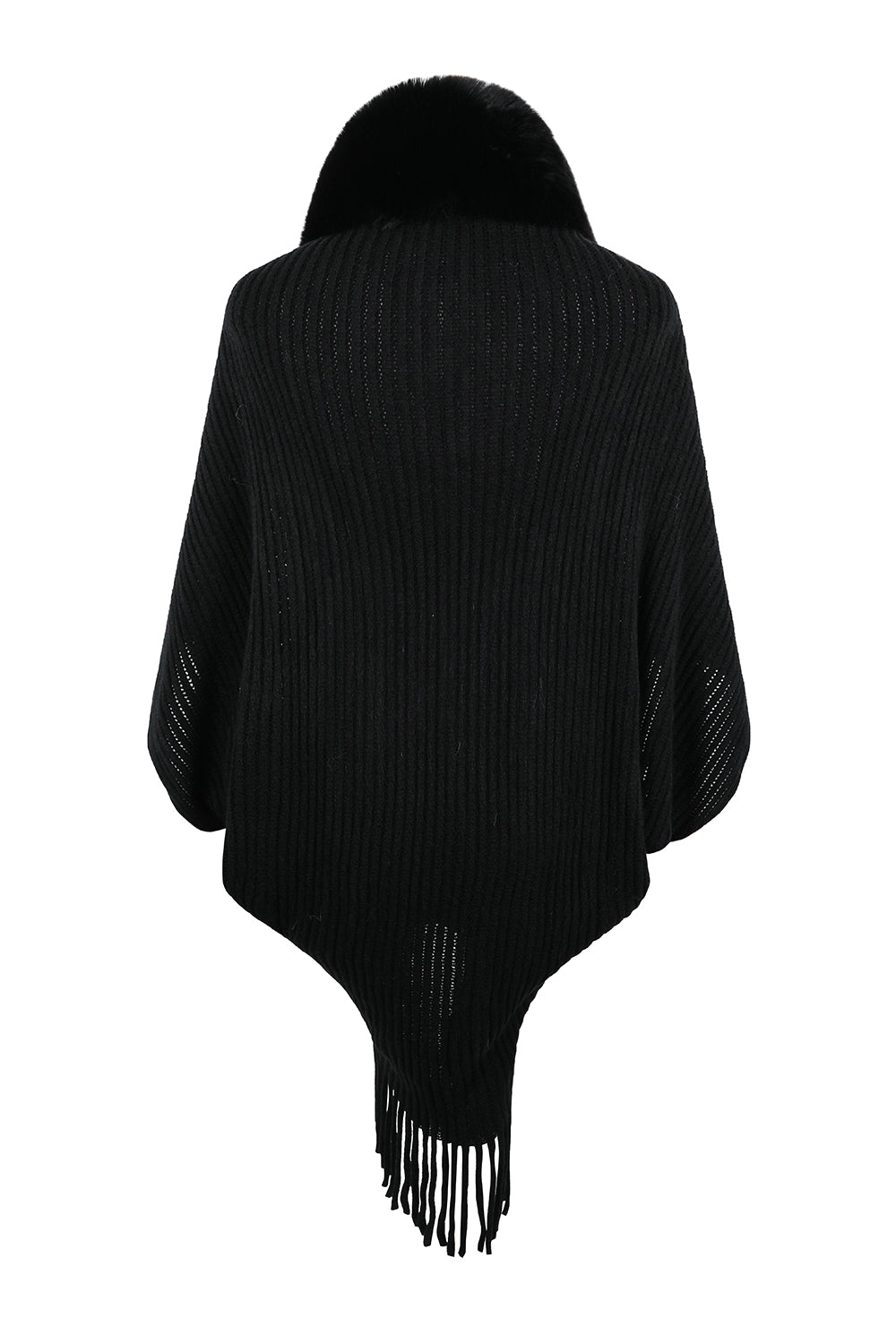 Fringe Detail Long Sleeve Ribbed Poncho - felvior