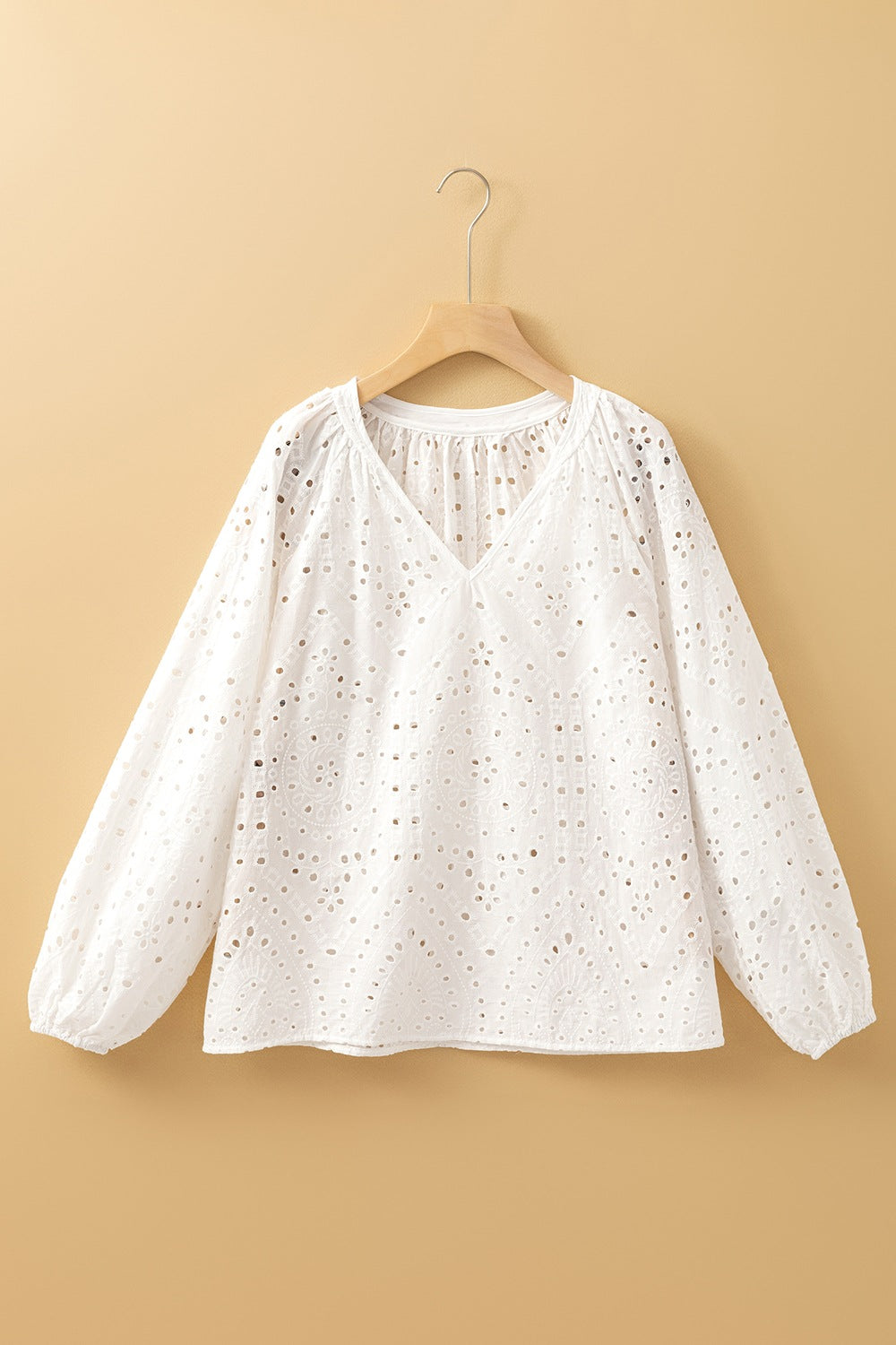 Eyelet V-Neck Long Sleeve Blouse