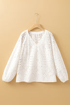 Eyelet V-Neck Long Sleeve Blouse