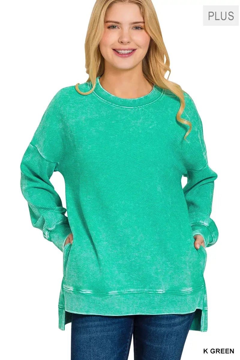 Zenana Full Size Acid Washed Double Ribbed Hi-low Sweatshirt Plus Size