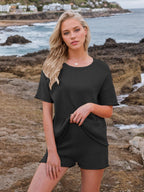 Round Neck Short Sleeve Top and Shorts Sweater Set