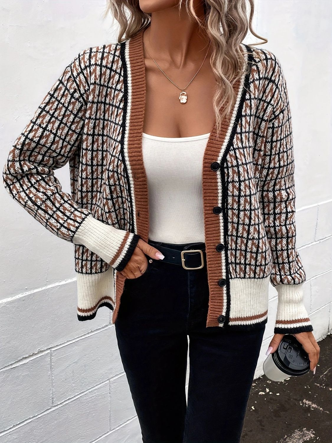 Plaid V-Neck Button Up Cardigan - felvior