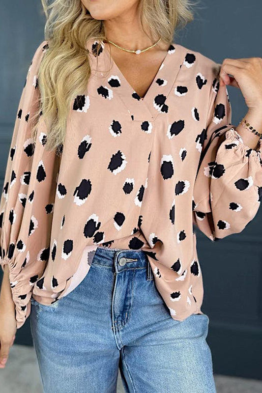 Contrast Animal Print V-Neck Long Sleeve Blouse - felvior