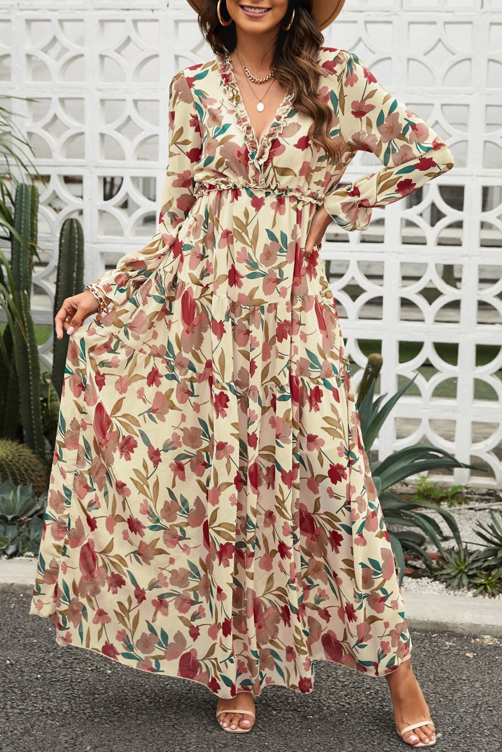 Floral Frill Trim Flounce Sleeve Plunge Maxi Dress - felvior