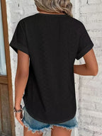 Eyelet Round Neck Short Sleeve T-Shirt