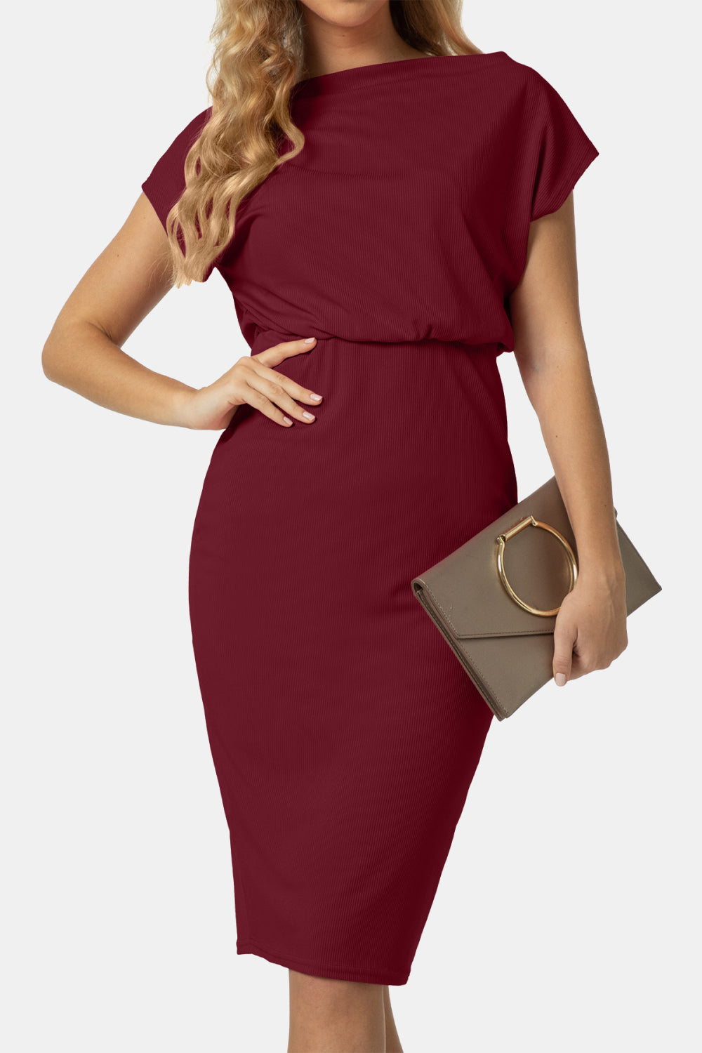 Boat Neck Short Sleeve Knee-Length Dress - felvior