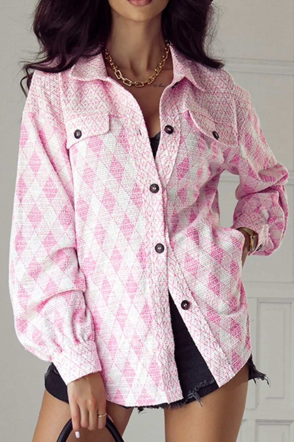 Geometric Print Textured Flap Pocket Shacket - felvior