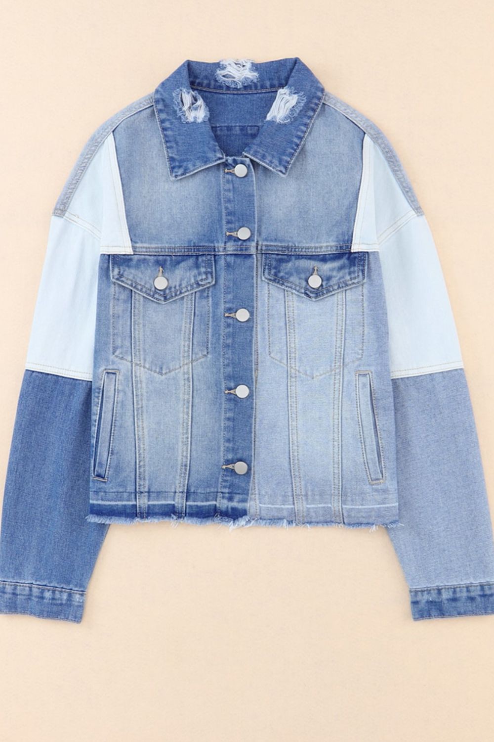 Distressed Button Up Drop Shoulder Denim Jacket - felvior