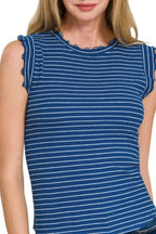 Zenana Ribbed Ruffle Trim Sleeveless Stripe Top