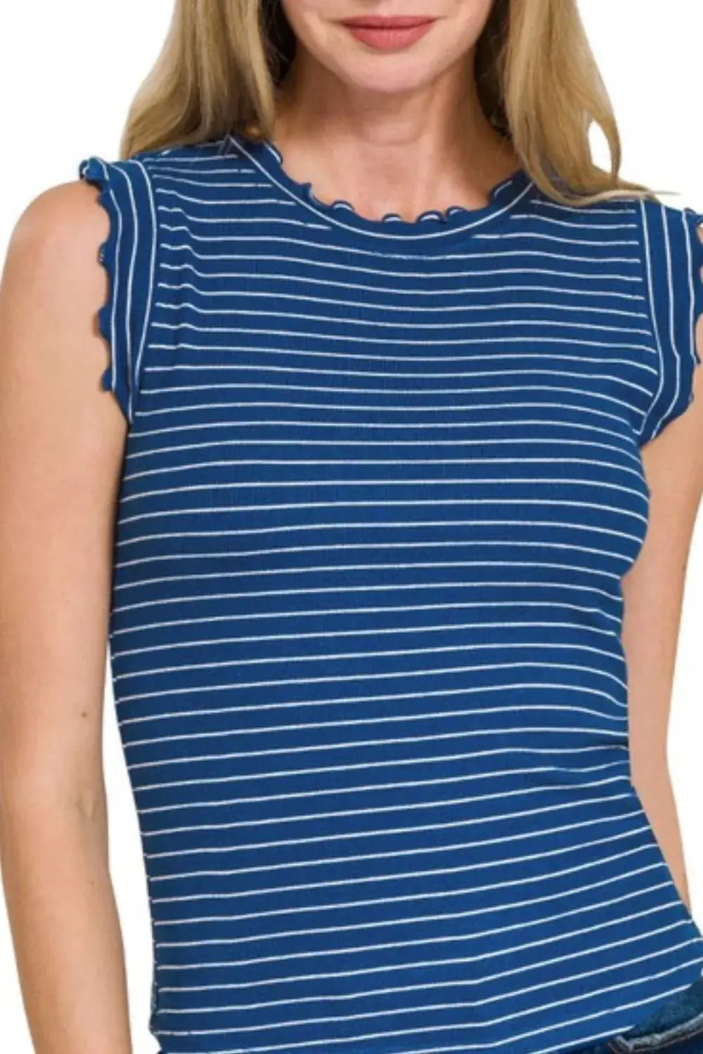 Zenana Ribbed Ruffle Trim Sleeveless Stripe Top
