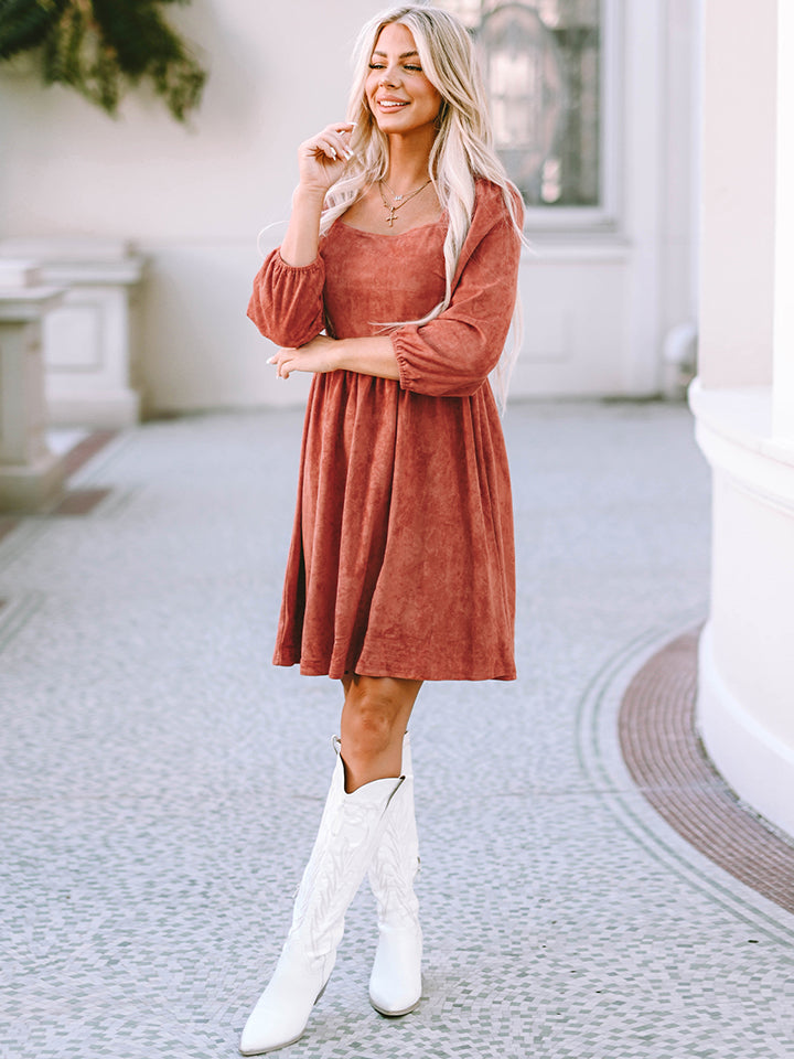 Square Neck Three-Quarter Sleeve Mini Dress - felvior