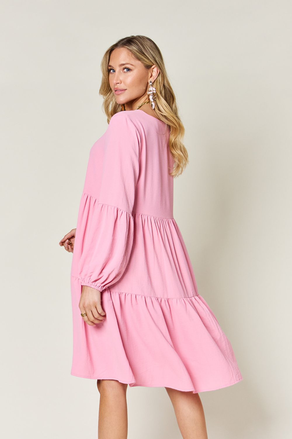 Double Take Full Size V-Neck Balloon Sleeve Tiered Dress with Pockets - felvior