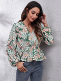 Floral V-Neck Balloon Sleeve Peplum Blouse - felvior