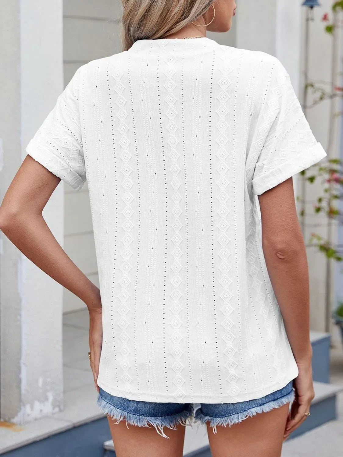 Eyelet Notched Short Sleeve Top