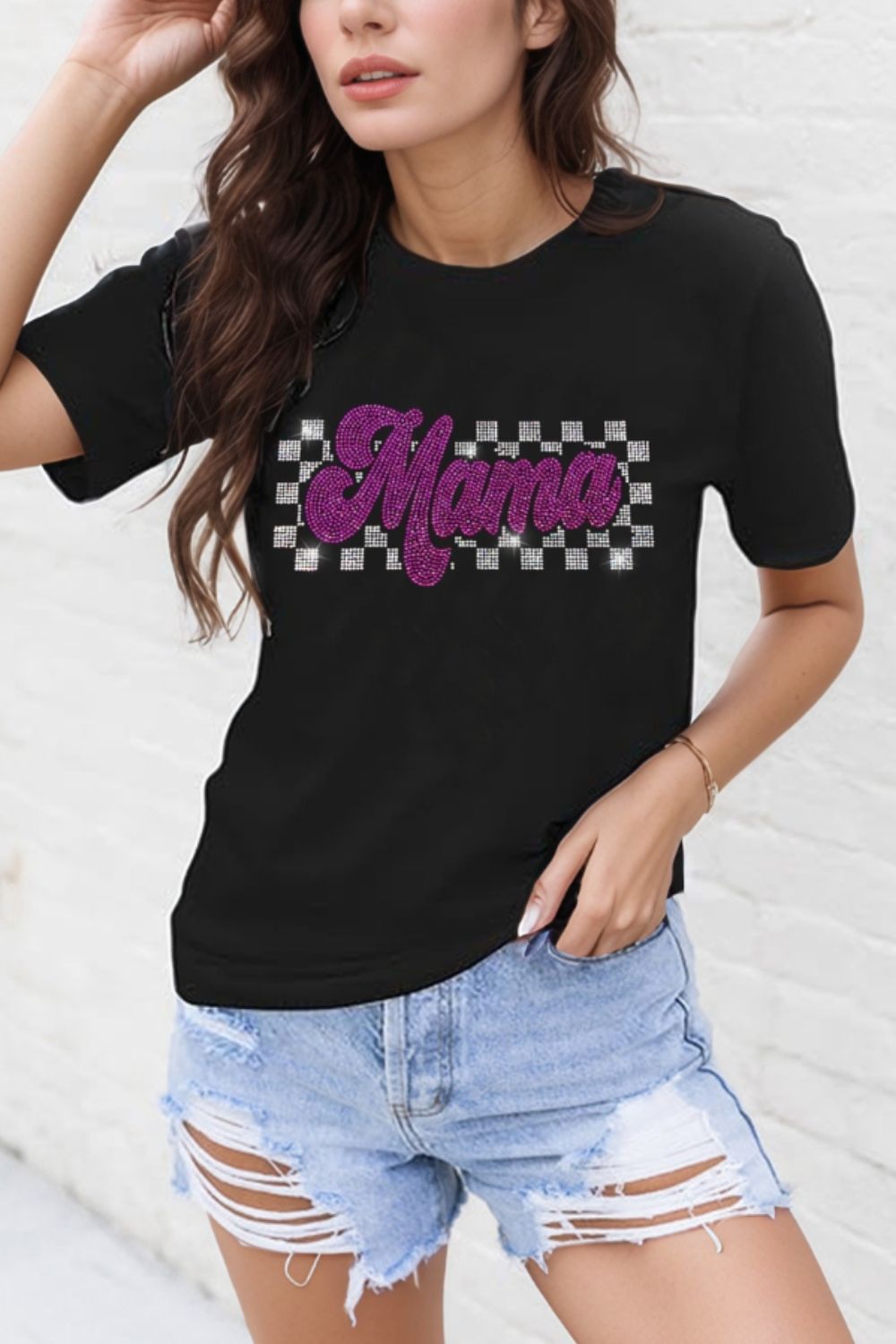 MAMA Rhinestone Letter Round Neck T-Shirt