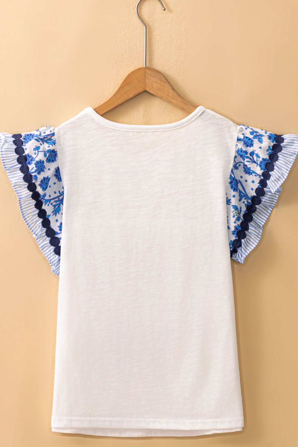 Round Neck Printed Ruffled Cap Sleeve Blouse - felvior