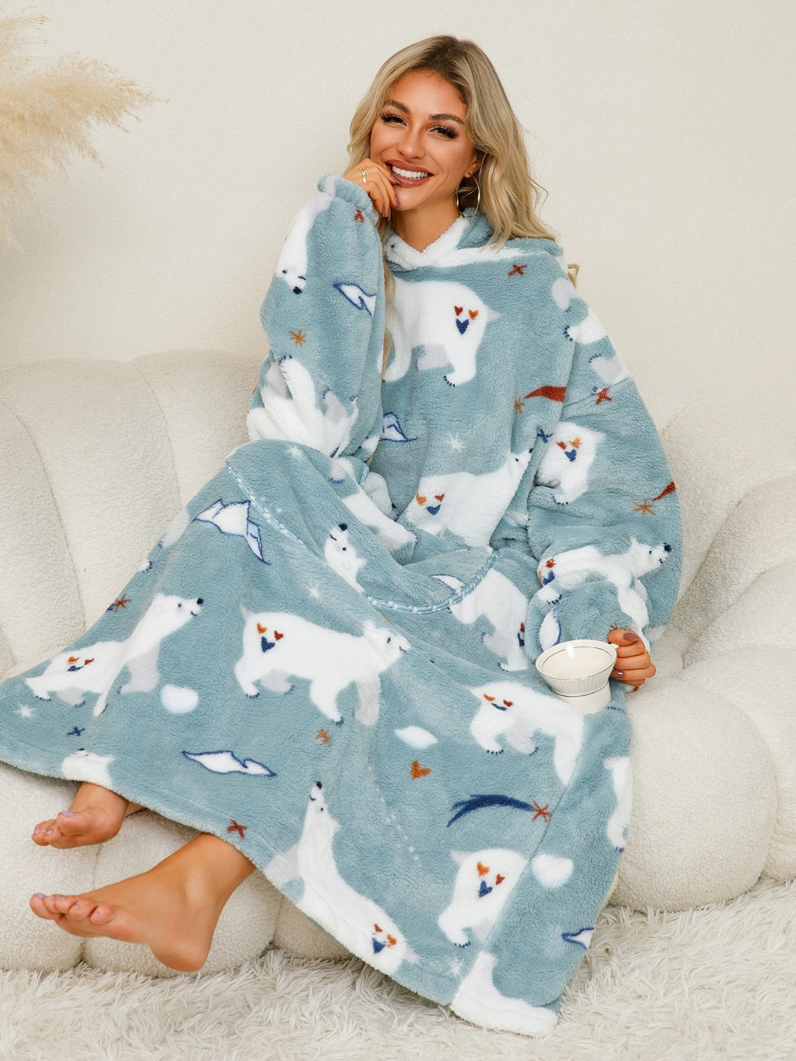 Fuzzy Pocketed Long Sleeve Hooded Lounge Dress - felvior