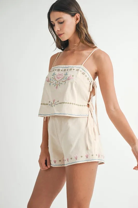 MABLE Embroidered Crop Top and Shorts Set - felvior