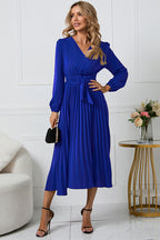V-Neck Long Sleeve Tie Waist Midi Dress