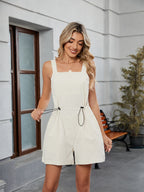 Drawstring Wide Strap Romper with Pockets