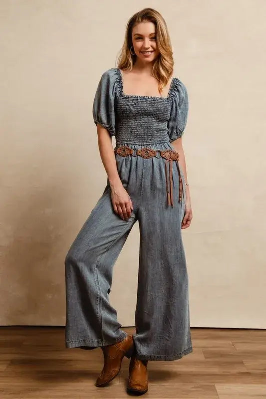 BiBi Smocked Washed Puff Sleeve Square Neck Denim Jumpsuit